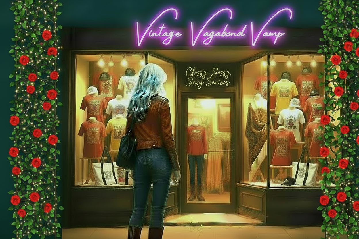 Woman standing in front of a store window with 'Vintage Vagabond Vamp' branding, featuring colourful shirts in white, red and black the colors are mixed to make a intriguing display.  Baseball hats and totes are also on display.  

